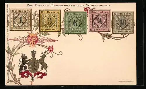 AK Die ersten Briefmarken von Württemberg, Wappen mit geflügeltem Schlangenbild