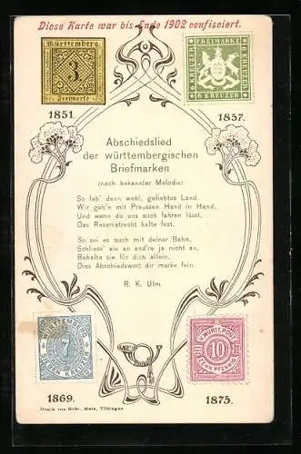 AK Abschiedslied der württembergischen Briefmarken, Briefmarken von 1851-1857-1869-1875, Postgeschichte