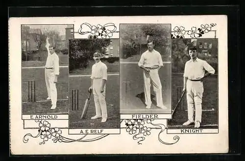 AK Cricketspieler E. Arnold, A. E. Relf, Fielder und Knight