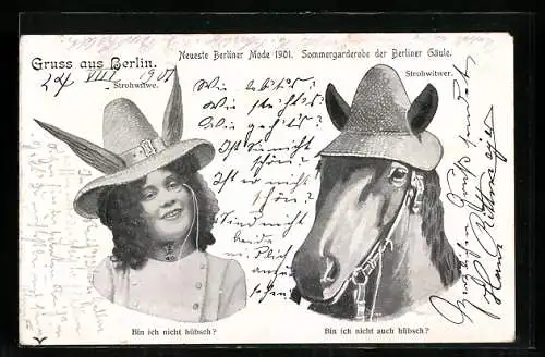 AK Berlin, Dame mit Flügelhut, Pferd mit Hut, Mode