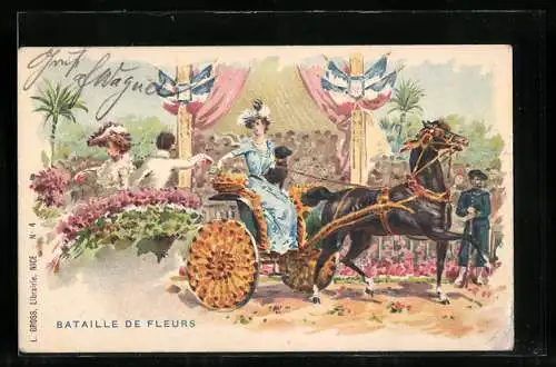 Lithographie Nizza, Karneval, Bataille de Fleurs