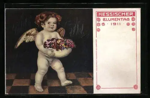 Künstler-AK Darmstadt, Reklame für den Hessischen Blumentag 1911 mit Putte