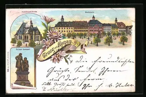 Lithographie Hanau, Marktplatz, Grimm-Denkmal, Französische Kirche