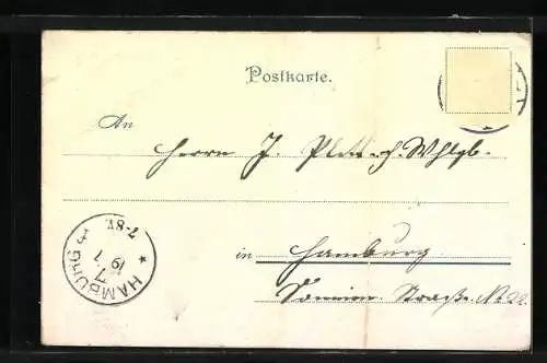 Lithographie Hanau, Marktplatz, Grimm-Denkmal, Französische Kirche