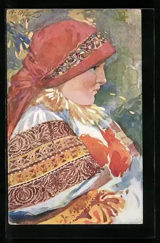 Künstler-AK Slowakin mit rotem Kopftuch