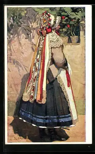 Künstler-AK Slowakische Frau in Trachten mit bunter Haube