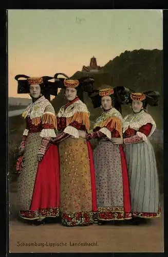 AK Vier junge Mädchen vor der Porta Westfalica, Tracht Schaumburg-Lippe