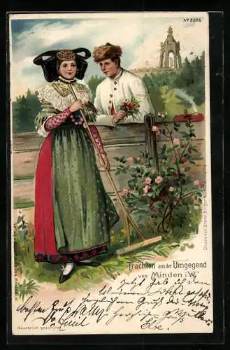 Lithographie Paar in Tracht aus der Gegend von Bad Oeynhausen, Flirt am Gartenzaun