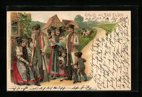 Lithographie Bad Eilsen, Strassenpartie mit Gruppe in Tracht, Kühe