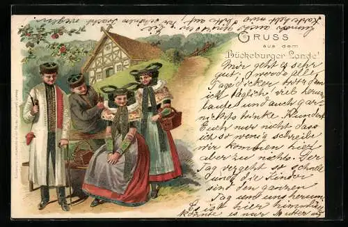 Lithographie Bückeburg, Gruppe in Tracht auf der Strasse vor einem Haus