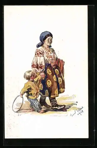 Künstler-AK Junge Frau mit Kind an der Hand, ukrainische Typen