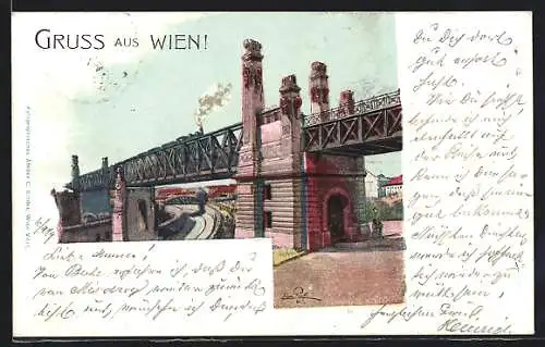Künstler-AK Wien, Wienthalbrücke der Stadtbahn, Sechshäusergürtel