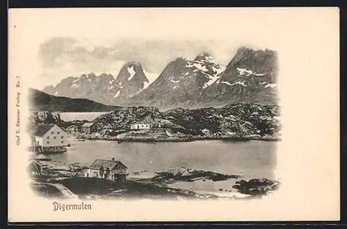 AK Digermulen, Ortsansicht am Fjord gegen die Berge