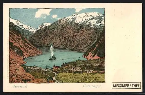 AK Geiranger, Moerak, Ortsansicht mit Bergen und See