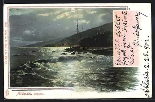AK Abbazia, Wellen am Ufer in der Nacht