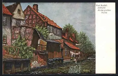 Künstler-AK Danzig / Gdansk, Partie an der grossen Mühle