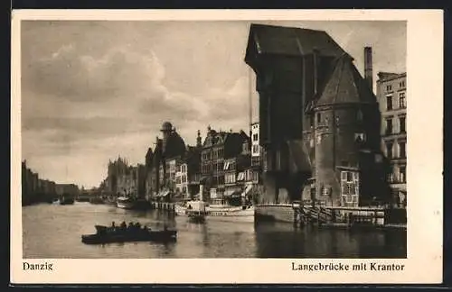 AK Danzig / Gdansk, Hafenpartie mit Langebrücke und Krantor