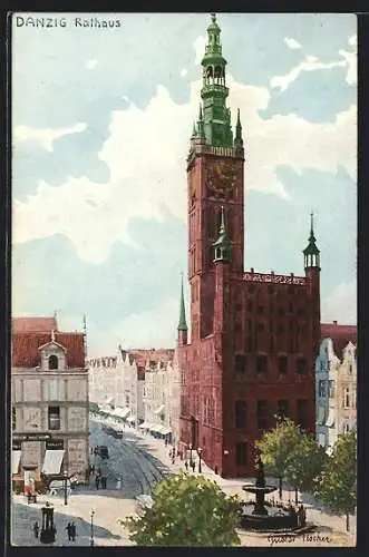 Künstler-AK Danzig, Rathaus mit Brunnen