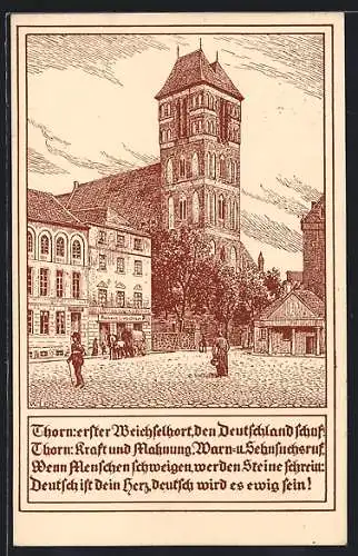 Künstler-AK Thorn / Torun, Jacobikirche mit Häusern am Platz