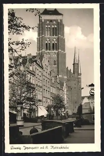 AK Danzig, Jopengasse mit St. Marienkirche
