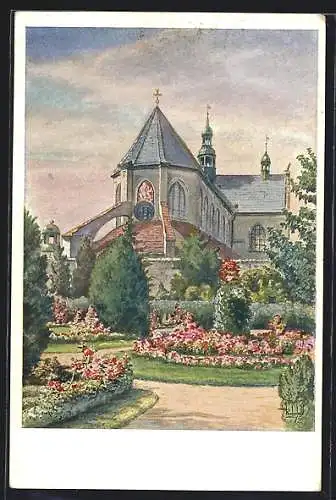 Künstler-AK Oliva, Blumenbeete an der Klosterkirche