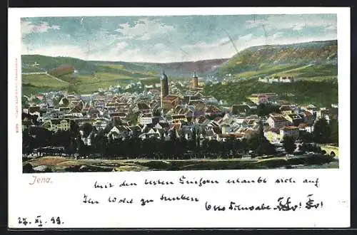 Lithographie Jena, Blick über die Dächer, Kirchturm