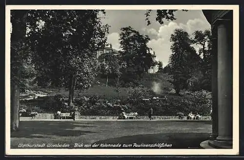 AK Wiesbaden, Blick von Kolonnade zum Paulinenschlösschen