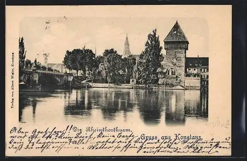 AK Konstanz, Rheinthorthurm vom Wasser gesehen