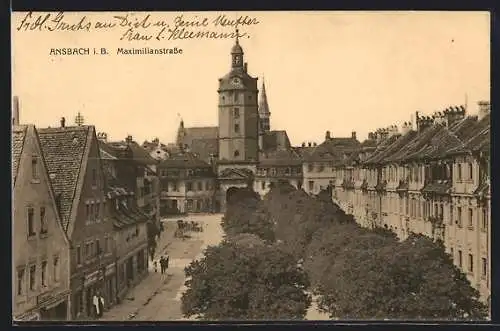 AK Ansbach i. B., Maximilianstrasse mit Blick auf Turm