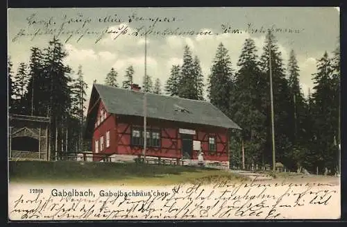 AK Gabelbach / Ilmenau, Dame in Volkstracht vor dem Gabelbachhäuschen