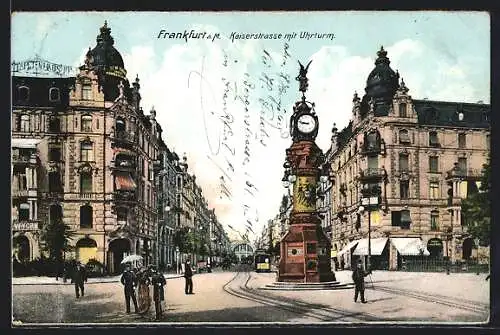 AK Frankfurt /Main, Kaiserstrasse mit Uhrenturm und Strassenbahn