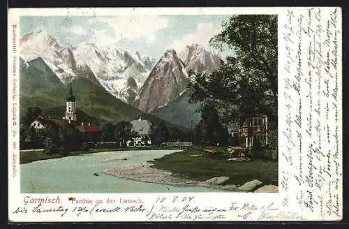 AK Garmisch, Loisach mit Bergpanorama