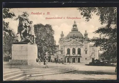 AK Frankfurt a. M., Bismarckdenkmal und Schauspielhaus