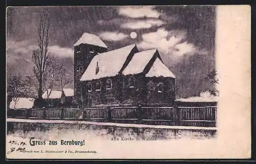 AK Bernburg, Kirche Waldau bei Mondschein im Winter