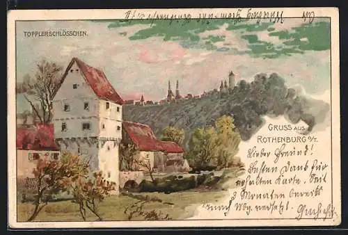 Lithographie Rothenburg o. T., Topplerschlösschen gegen Ort