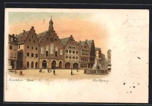 Lithographie Alt-Frankfurt, Der Römer mit Springbrunnen