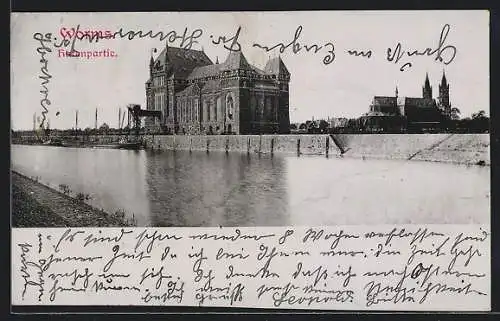 AK Worms, Hafenpartie mit Kirche