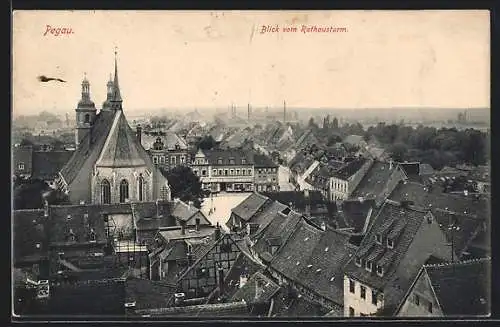 AK Pegau, Blick vom Rathausturm mit Kirche