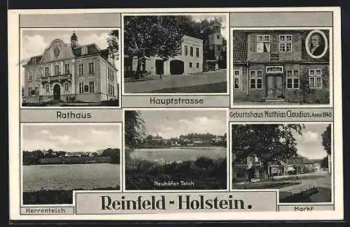 AK Reinfeld-Holstein, Rathaus, Geburtshaus Matthias Claudius anno 1740, Herrenteich