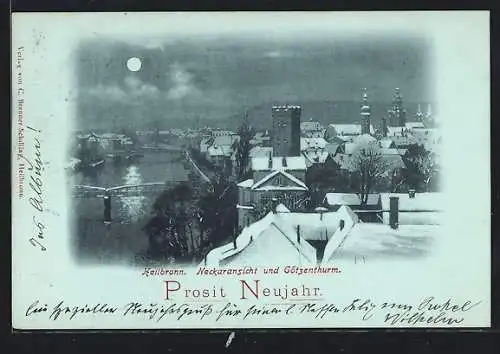 Mondschein-AK Heilbronn, Neckaransicht und Götzenturm im Winter, Neujahrsgruss