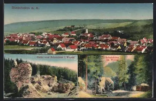 AK Steinheim a. A., Teilansicht, Schutzhütte im Wental, Partie vom Felsenmeer
