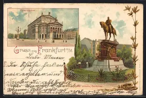 Lithographie Frankfurt /Main, Blick zum Opernhaus und Kaiser-Wilhelm-Denkmal