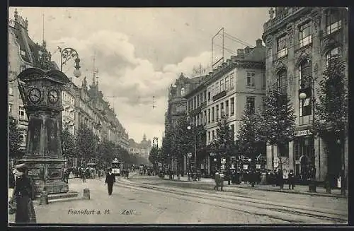 AK Frankfurt a. M., Strasse Zeil mit Geschäften und Uhrturm