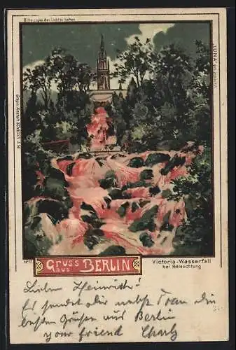 Künstler-Lithographie Berlin, Victoria-Wasserfall bei Beleuchtung