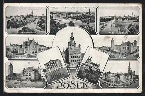 AK Posen-Poznan, Rathaus, Neues Theater, Dom, Schloss, Theaterbrücke, Akademie