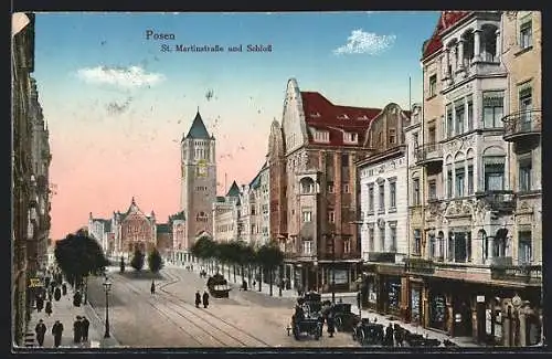 AK Posen / Poznan, St. Martinstrasse und Schloss, Pferdekutschen