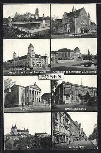 AK Posen-Poznan, Akademie, Oberpostdirektion, Generalkommando, Wilhelmplatz