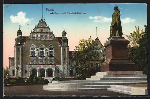 AK Posen / Poznan, Akademie und Bismarckdenkmal