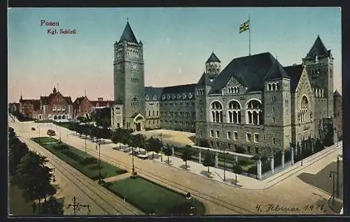 AK Posen-Poznan, Das königliche Schloss, Strassenbahn