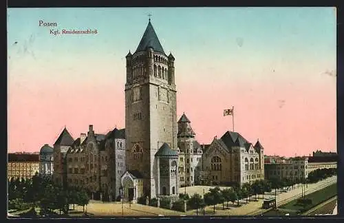 AK Posen / Poznan, Kgl. Residenzschloss, Strassenbahn